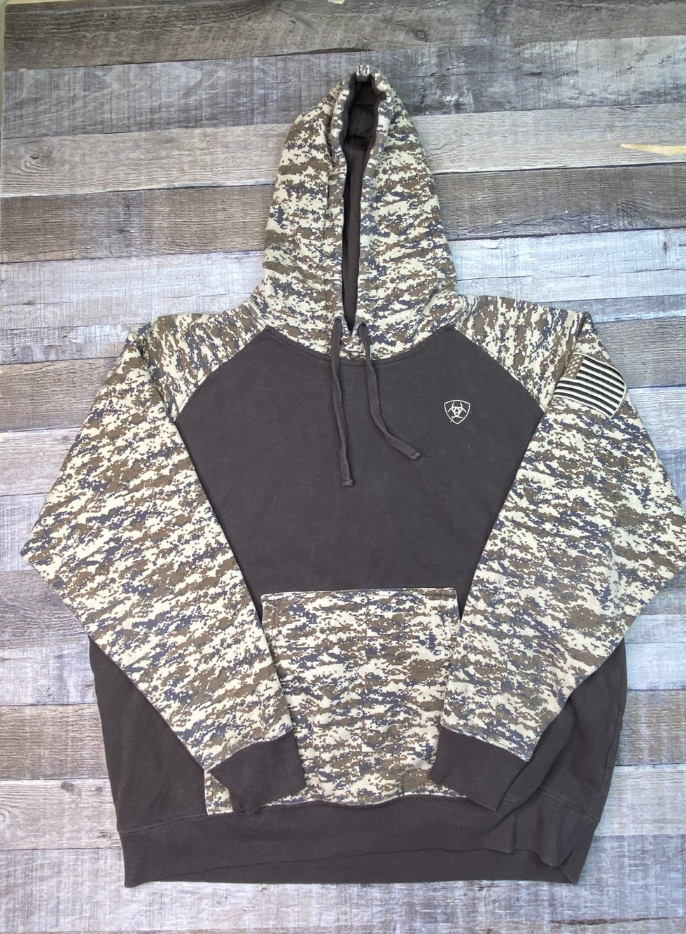 Ariat Hoodie Patriot Digital Camo Men's Size Large Brown American USA Flag Patch